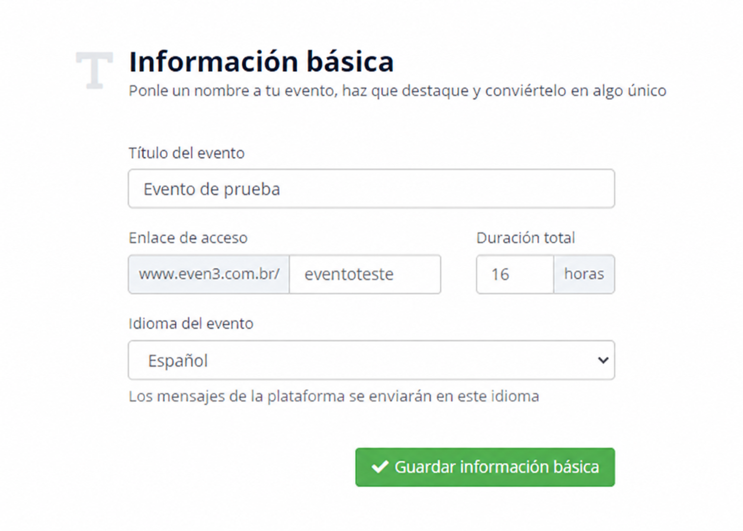 Configuración de eventos de Even3 — enlace de acceso