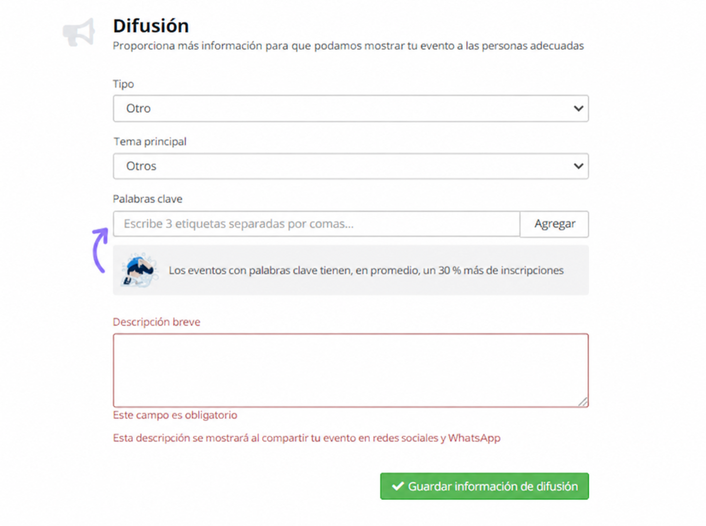 Configuración de eventos de Even3 — enlace de acceso
