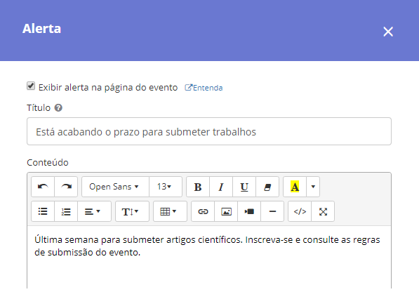 Ejemplo de alerta para el sitio del evento en Even3