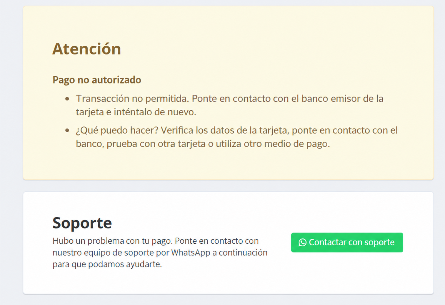 Botón de WhatsApp disponible para dar soporte en el área de pago de Even3
