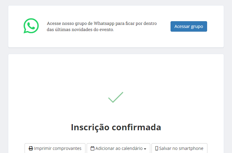 Ejemplo en Even3: enlace al grupo de WhatsApp en la confirmación de inscripción
